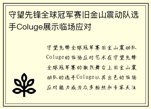 守望先锋全球冠军赛旧金山震动队选手Coluge展示临场应对
