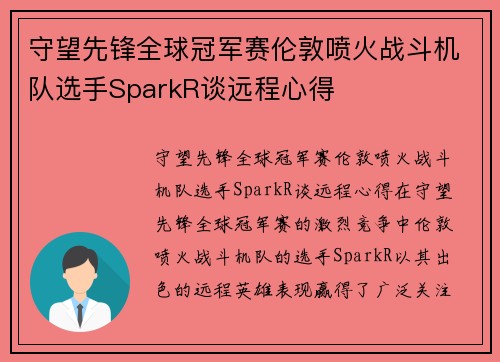 守望先锋全球冠军赛伦敦喷火战斗机队选手SparkR谈远程心得