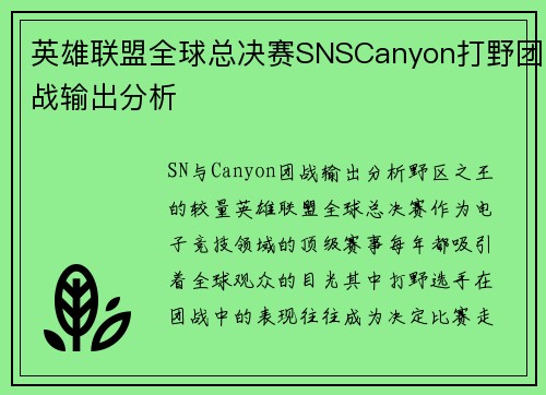英雄联盟全球总决赛SNSCanyon打野团战输出分析